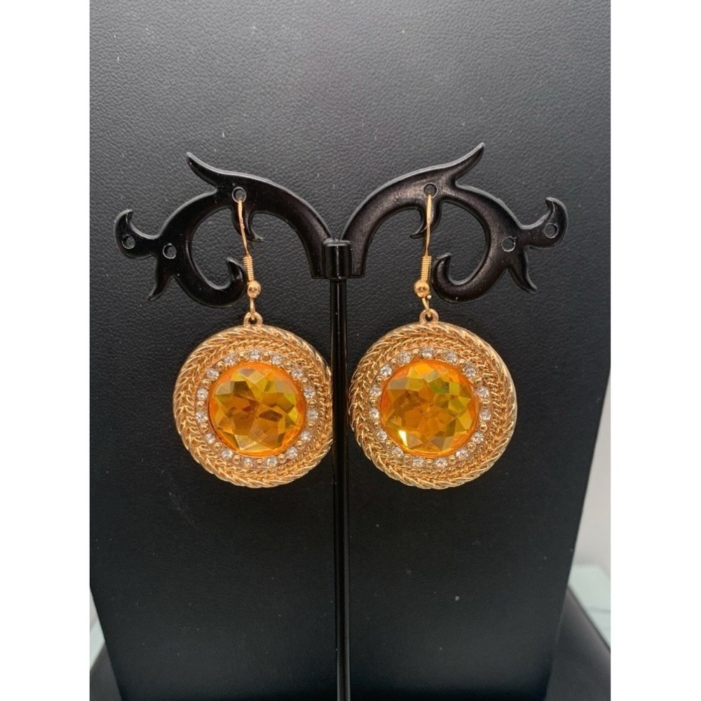 Gold Tone Round Dangly Earrings With A Faceted Citrine Colored Glass Main Stone